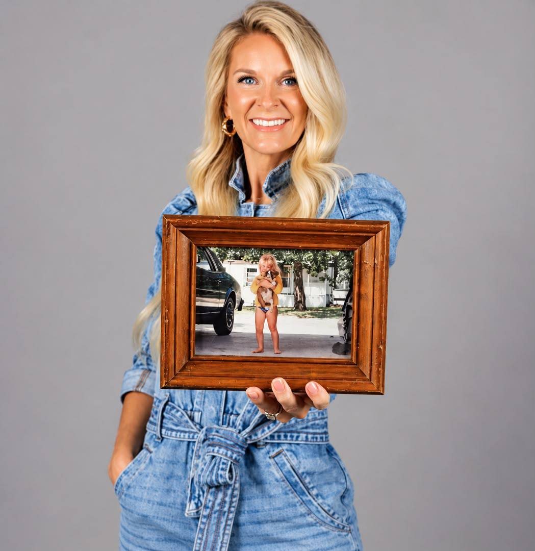 Lauren Loftis Moore, Boxer breeder, holding a framed childhood photo of herself with a puppy